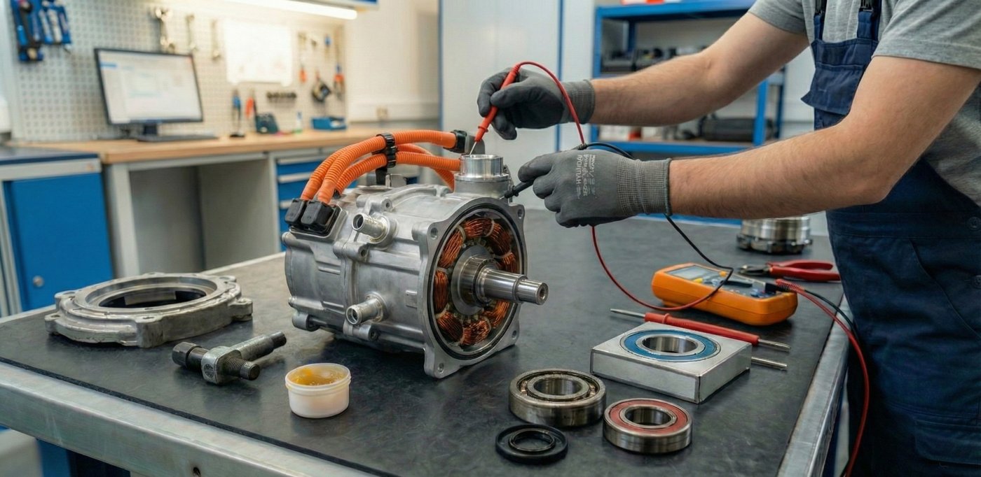 Zerlegter Hyundai Elektromotor (z.B. Ioniq/Kona) auf Werkbank zur Lager-Instandsetzung. Sichtbar sind Gehäuse, Rotor, Stator und orange Hochvoltkabel.